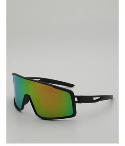 Detail of cycling sunglasses showing colorful gradient coating and ventilated frame temples