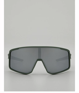 Front view of matte dark green cycling sunglasses with large dark grey lenses for sports