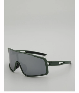 Detail of dark green matte cycling glasses with aerodynamic hollow temple design