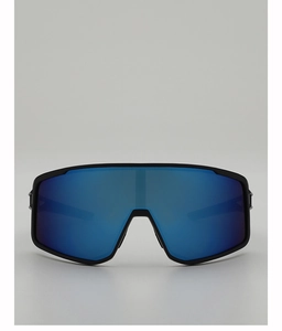 Detail of cycling glasses with blue mirrored lens and matte black frame for wind protection