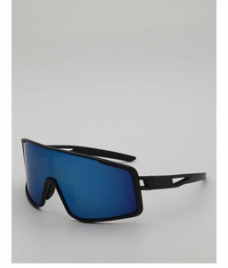 Detail of cycling glasses featuring blue reflective lenses and matte black streamlined frame