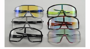 Collection of six different color cycling glasses with wide integrated anti-wind lenses