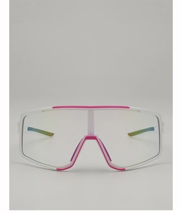 Detail of white cycling glasses featuring pink nose pads and clear protective lenses