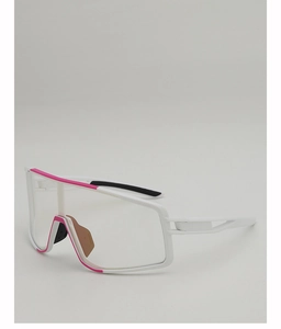 Detail view of white cycling glasses with pink accents and adjustable rubber nose pads