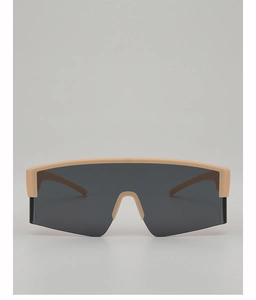 Vorderansicht der stylischen Oversize-Radbrille mit beigem Rahmen und grauen Gläsern