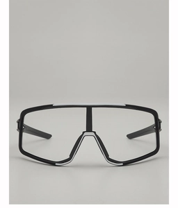 Detail of cycling glasses with black frame and clear lens for windproof outdoor sports