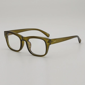 Classic olive green square frame optical glasses with transparent finish and metal rivets