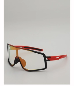 Close-up of cycling sunglasses with adjustable nose pads and anti-slip red temple tips