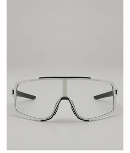 Front view of white matte cycling glasses with large clear lens for outdoor sports