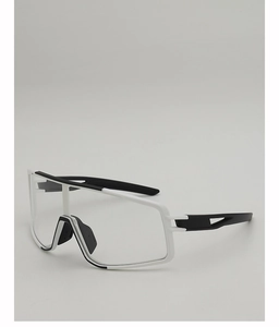 Detail of adjustable nose pads on white frame cycling glasses with clear lenses