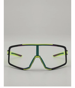 Front view of cycling glasses with black frame, neon accents and large clear lens