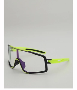 Close-up of cycling glasses with adjustable nose pads and tri-color sporty frame
