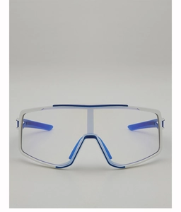 Close-up of white and blue cycling glasses with adjustable nose pads and clear lenses