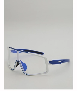 Detail of cycling glasses featuring white and blue frames with large clear panoramic lens