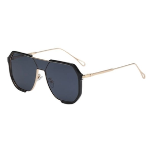 Modern geometric sunglasses with black frames and gold metal bridge shown at 45-degree angle