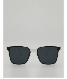 Front view of square white sunglasses with dark grey UV400 lenses and high gloss frames
