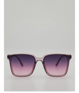 Detail of square oversized sunglasses featuring purple gradient lenses and transparent frames