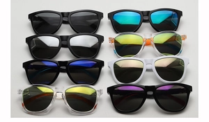 Selection of eight sport sunglasses with various frame colors and mirrored lens coatings