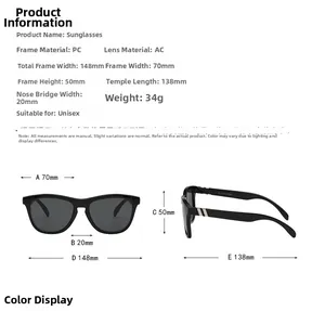 Detailed size chart of unisex sports sunglasses with PC frame and AC lens dimensions