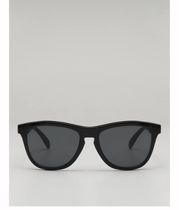 Detail of classic black Wellington frame sunglasses with UV protection gray lenses