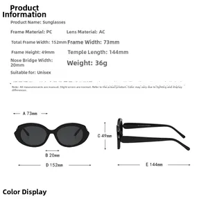 Detailed sizing chart with dimensions for oval frame UV protective sunglasses