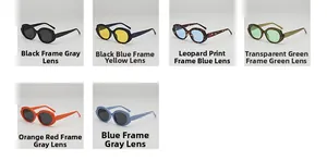 Detailed grid view of oval sunglasses in six colors like leopard and green frames