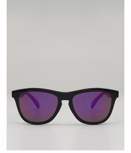 Front view of black sport sunglasses with purple mirrored lenses for outdoor cycling and running