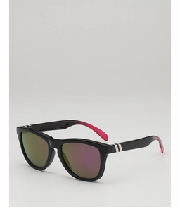 Macro view of polarized green-purple lenses and vibrant pink temples of sports sunglasses