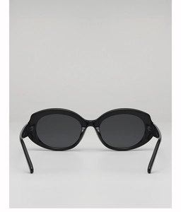 Rear view of sleek black oval sunglasses featuring dark lenses and glossy finish