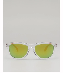 Front view of transparent sports sunglasses with yellow-green mirrored lenses