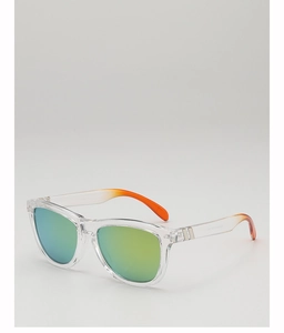 Detail view of transparent frames with orange gradient temples and green-yellow lenses