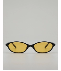 Vorderansicht der Retro-Oval-Sonnenbrille mit schwarzem Rahmen und gelben Gläsern