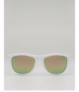 Detail of white matte frame and green gold mirrored lenses on outdoor sports sunglasses