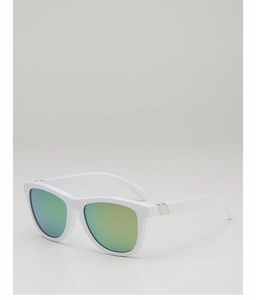 Close-up of white sporty sunglasses with colorful reflective lenses and silver metal trim
