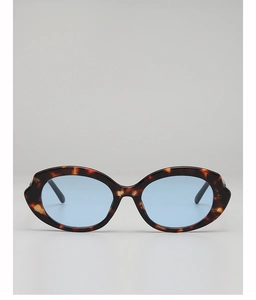 Detailed front view of retro oval sunglasses with tortoise frames and light blue lenses