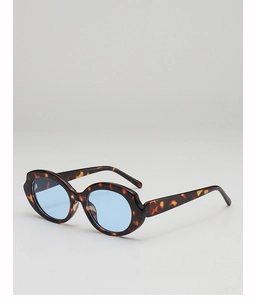 Detail of tortoiseshell oval sunglasses with light blue lenses and retro acetate frame