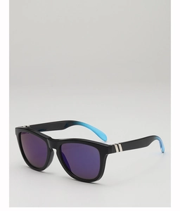 Detail of square sports sunglasses with purple reflective lenses and blue temple tips