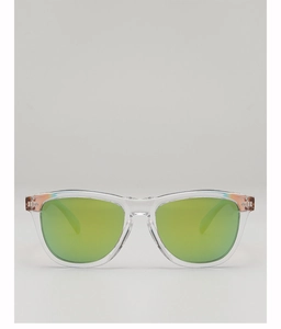 Close-up of sports sunglasses with green-yellow gradient lenses and clear frames