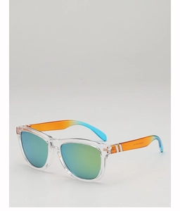 Detail of transparent outdoor sports sunglasses with orange to blue gradient temples