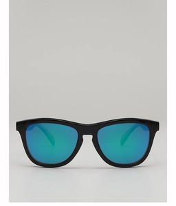 Front view of black sports sunglasses featuring blue-green polarized reflective lenses