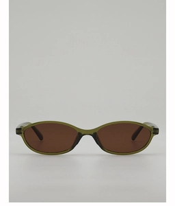 Vorderansicht der Retro-Oval-Sonnenbrille mit olivgrünem Rahmen und braunen Gläsern