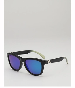 Detail of sports sunglasses with blue mirrored lenses and silver metal temple accents