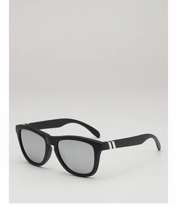 Detail of silver hinge accents on modern black square frame sports sunglasses