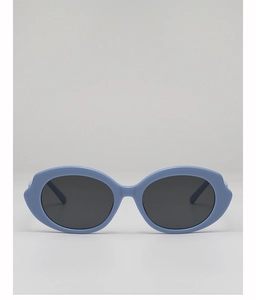 Detail of blue oval sunglasses frame with smooth finish and dark polarized lenses