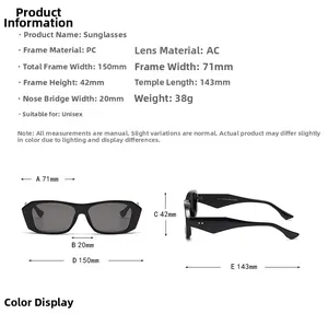 Detailed size chart for vintage square sunglasses with PC frame and AC lens measurements