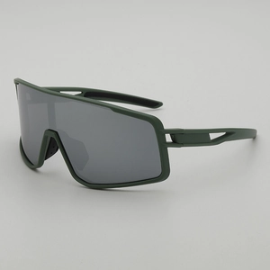 Matte dark green cycling sunglasses with one-piece grey lens for outdoor sports