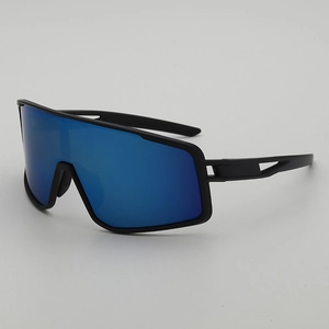 Black cycling sunglasses with a blue panoramic lens shown from a 45-degree angle view