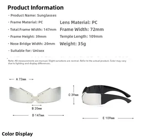 Size chart showing 147mm width and specifications for tech futuristic sunglasses