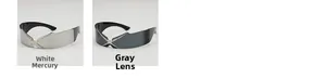 Detail of futuristic wrap sunglasses showing silver mirror lenses and metal rivet accents