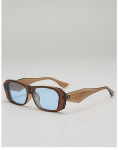 Detailed view of square vintage sunglasses with brown frames and blue tinted lenses